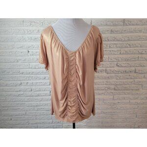 Worthington Womens Top 2X Plus Puff Sleeve Metallic Gold Glitter Ruched D22E